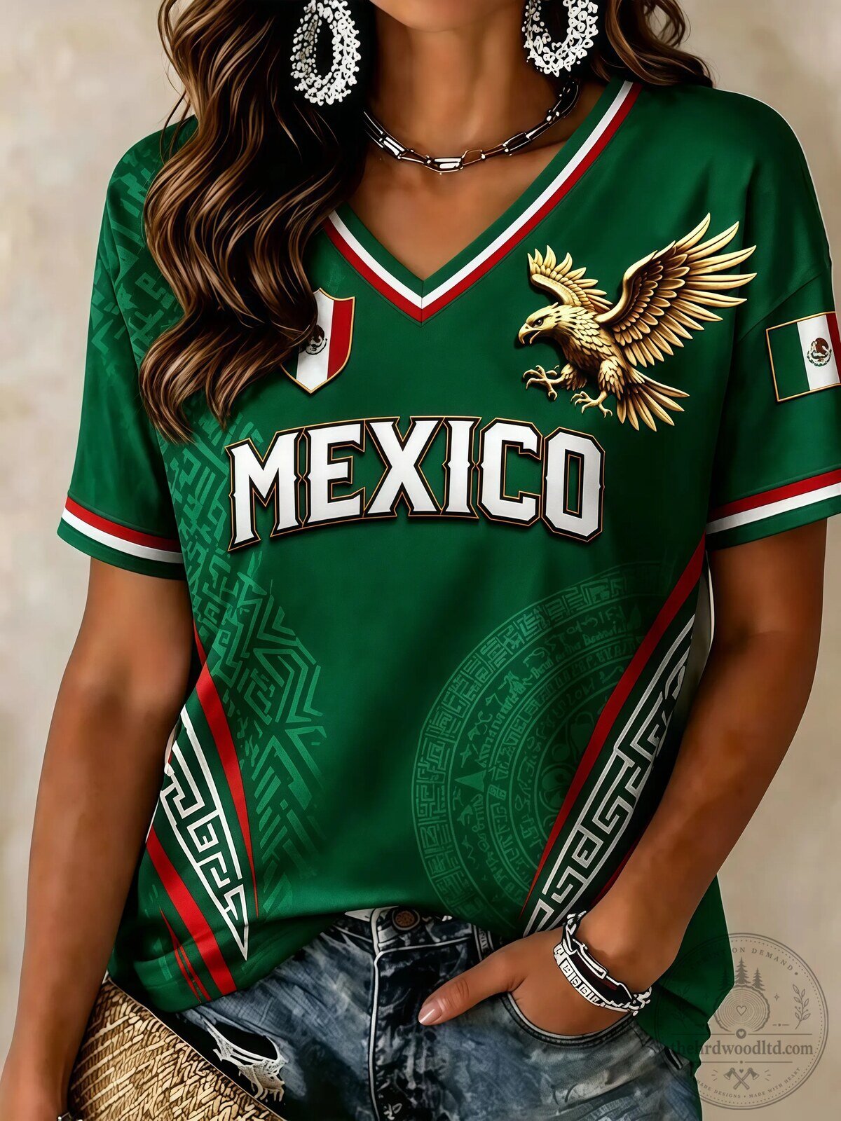 Mexico National Football Team Green Eagle Crest Women's V-Neck Jersey