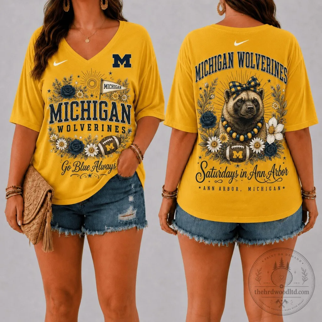 Michigan Wolverines Shirt for Women, Saturdays in Ann Arbor Floral V-Neck T-Shirt Michigan Wolverines Shirt for Women, Saturdays in Ann Arbor Floral V-Neck T-Shirt
