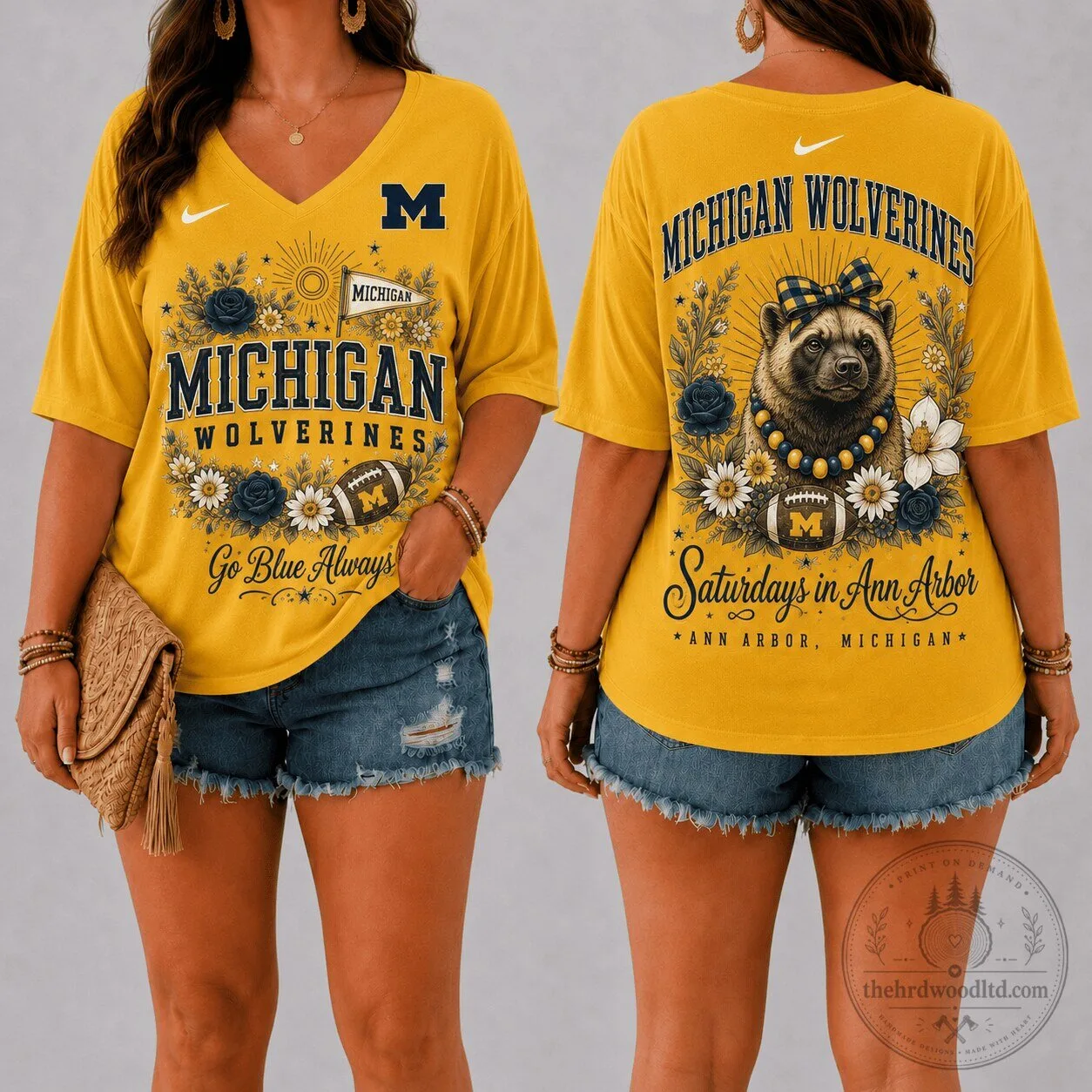 Michigan Wolverines Shirt for Women, Saturdays in Ann Arbor Floral V-Neck T-Shirt