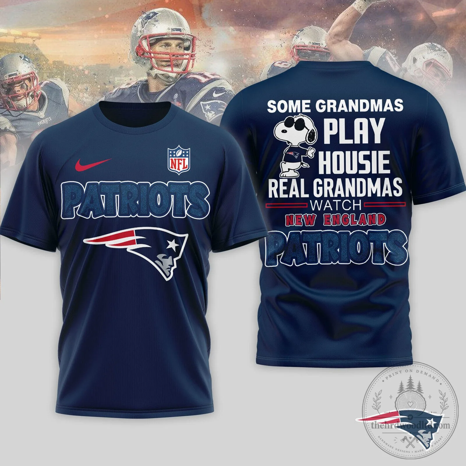 New England Patriots Fan Grandma T-Shirt with Snoopy Design