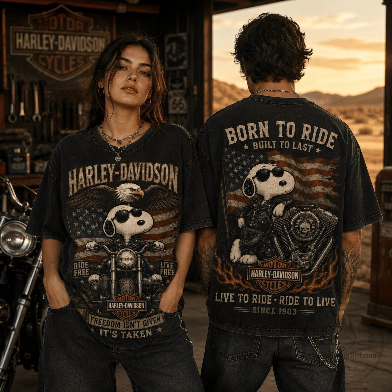 Harley Davidson Shirt Snoopy Born to Ride American Flag T-Shirt