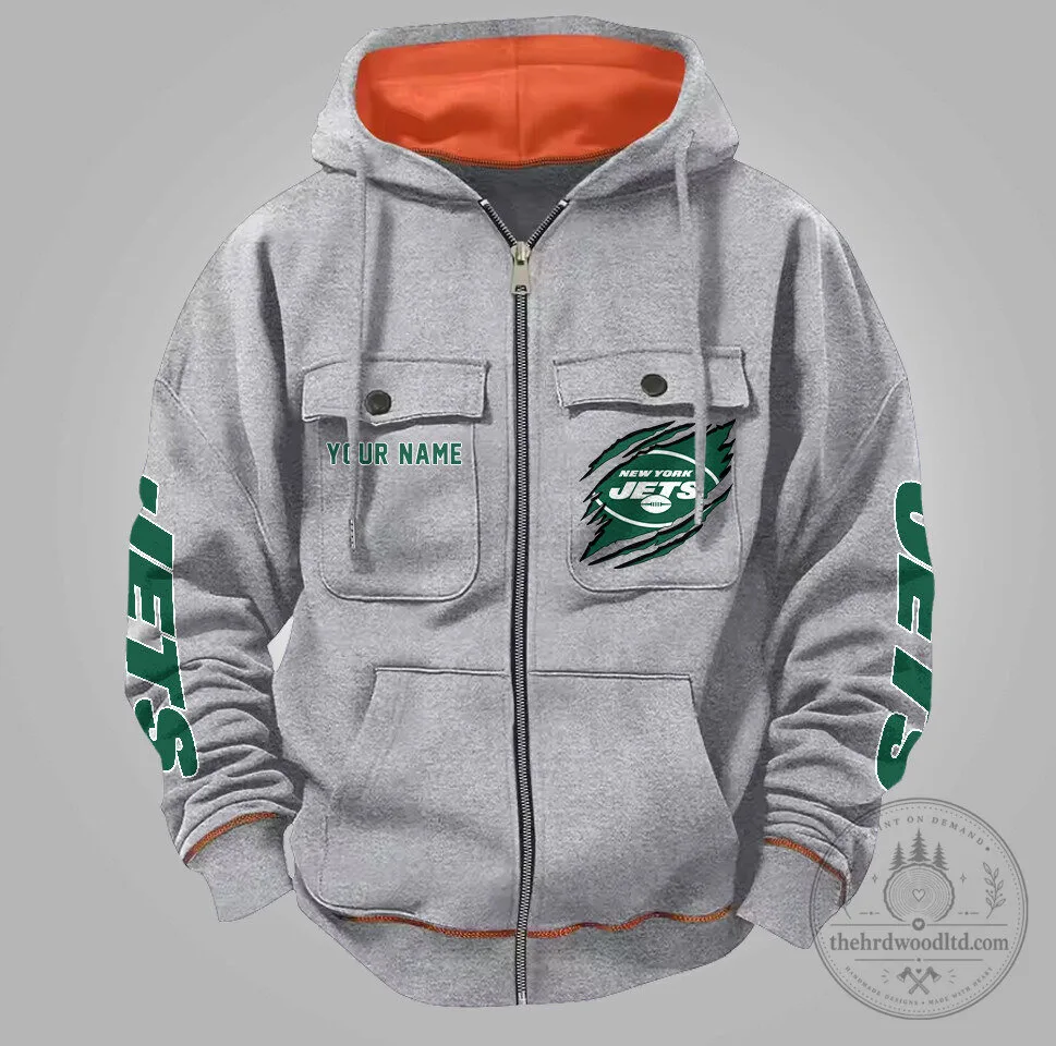 New York Jets Personalized Gray Full-Zip Hoodie with Custom Name