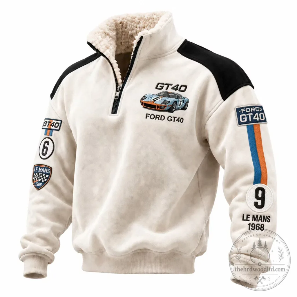 Ford GT40 Le Mans 1966 Racing Car Quarter-Zip Pullover Sherpa Jacket Ford GT40 Le Mans 1966 Racing Car Quarter-Zip Pullover Sherpa Jacket