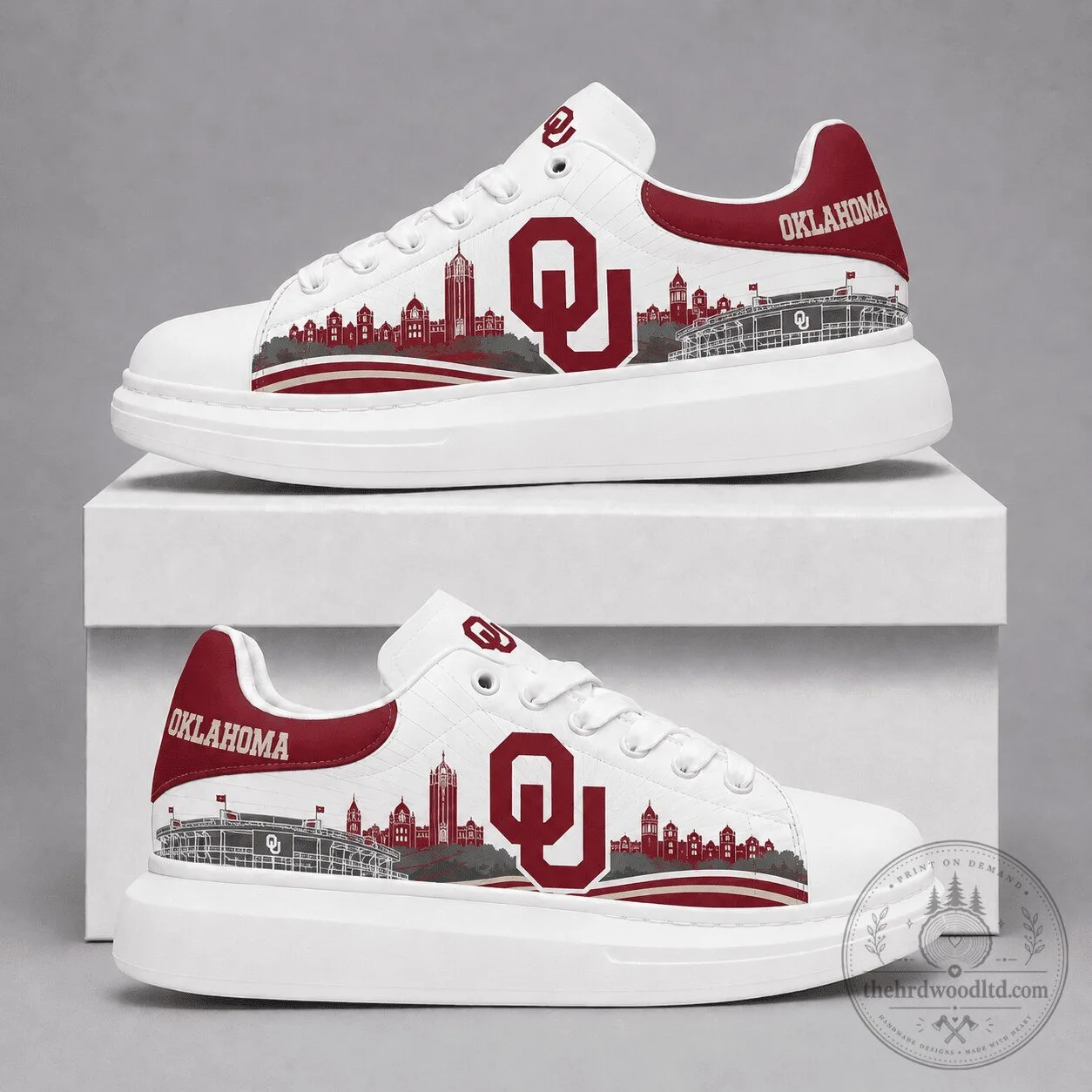 Oklahoma Sooners Football Team Skyline Logo White Fashion Sneakers