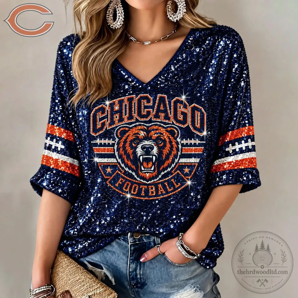 Chicago Bears Football Sequin V-Neck Three-Quarter Sleeve Top Chicago Bears Football Sequin V-Neck Three-Quarter Sleeve Top