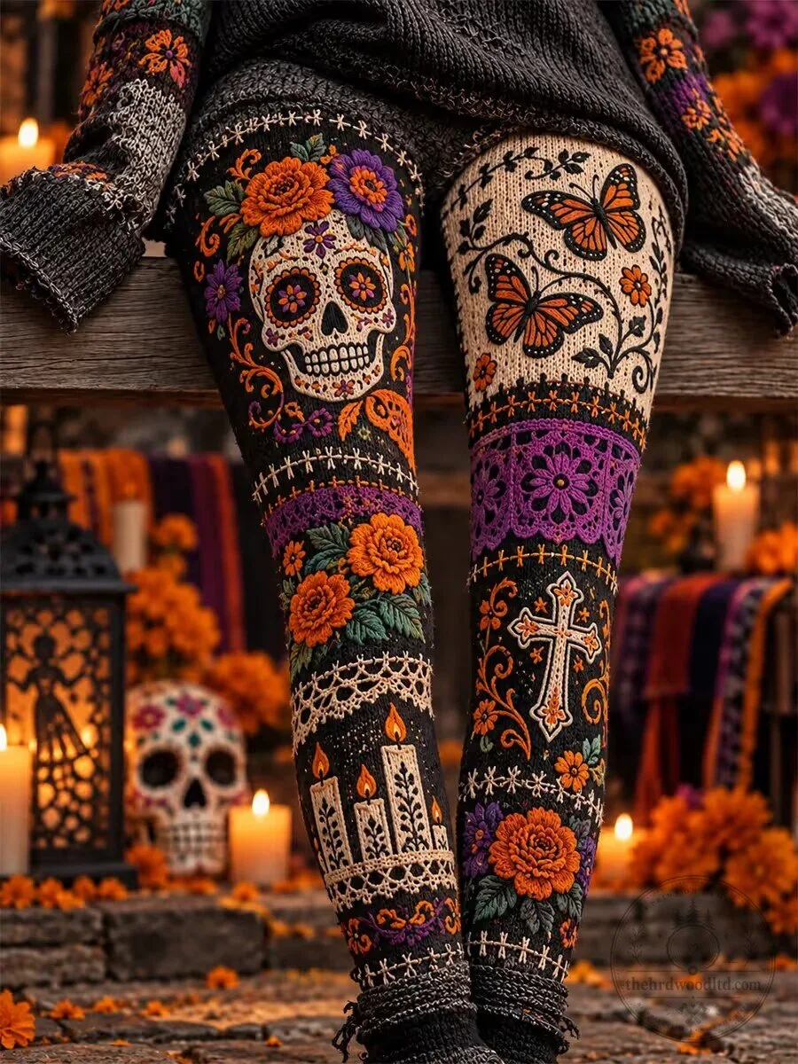 Day of the Dead Sugar Skull Butterflies Floral Pattern Leggings