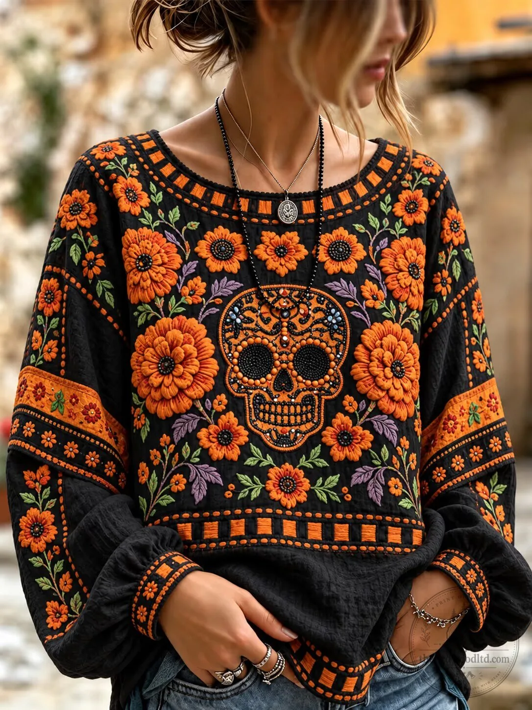 Day of the Dead Sugar Skull Embroidered Black Long Sleeve Top for Women