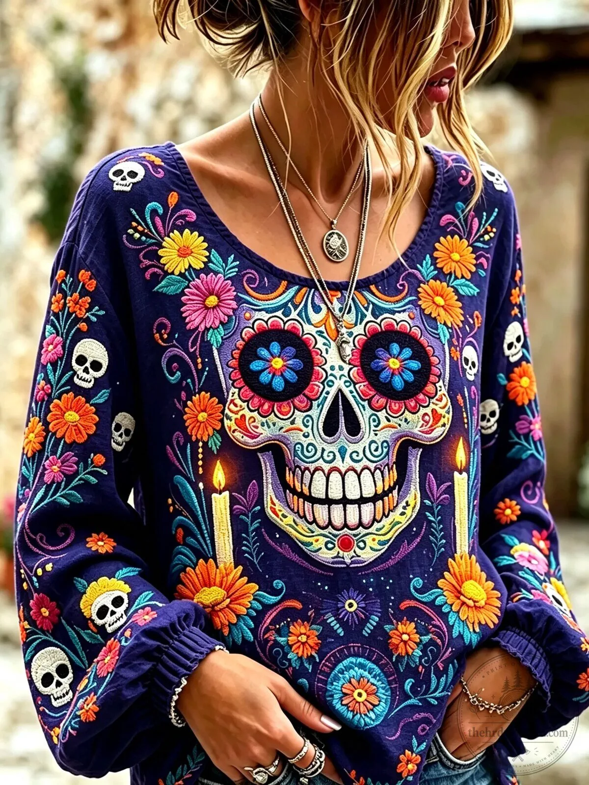 Embroidered Long-Sleeve Women's Top Featuring Day of the Dead Sugar Skull Design