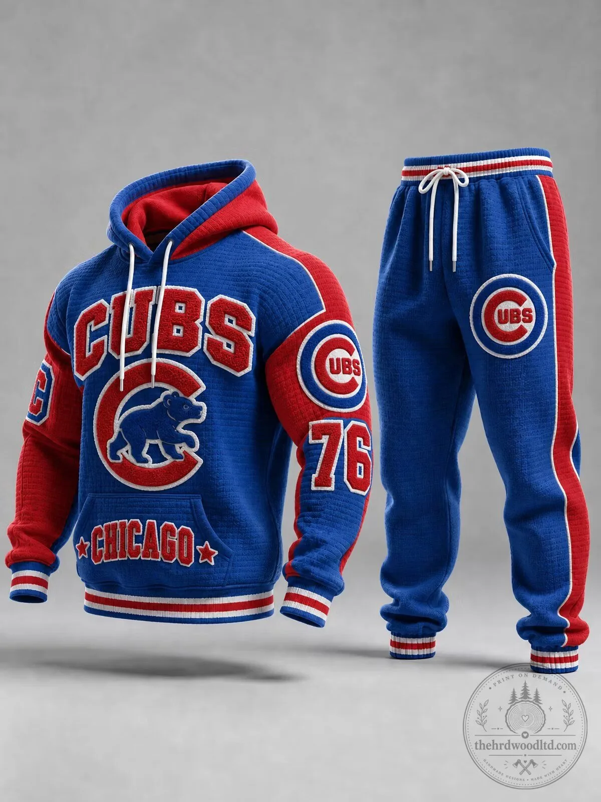 Chicago Cubs Baseball Team Blue Red Fleece Hoodie and Sweatpants Set