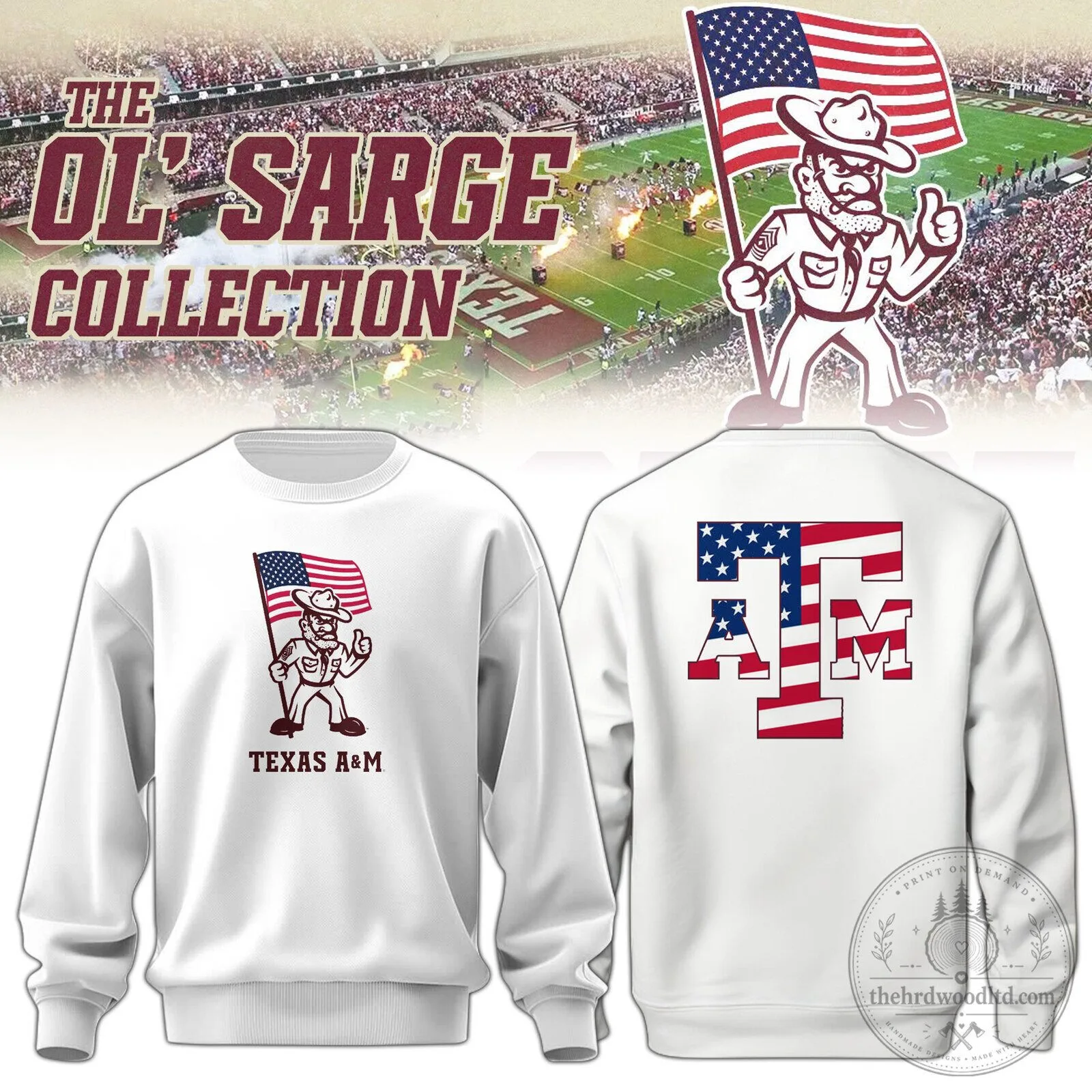Texas A&M Aggies Ol' Sarge American Flag White Crewneck Sweatshirt