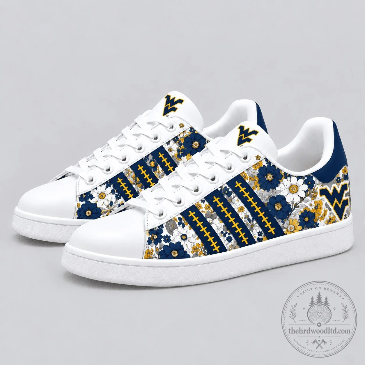 West Virginia Mountaineers Floral Pattern White and Blue Custom Sneakers