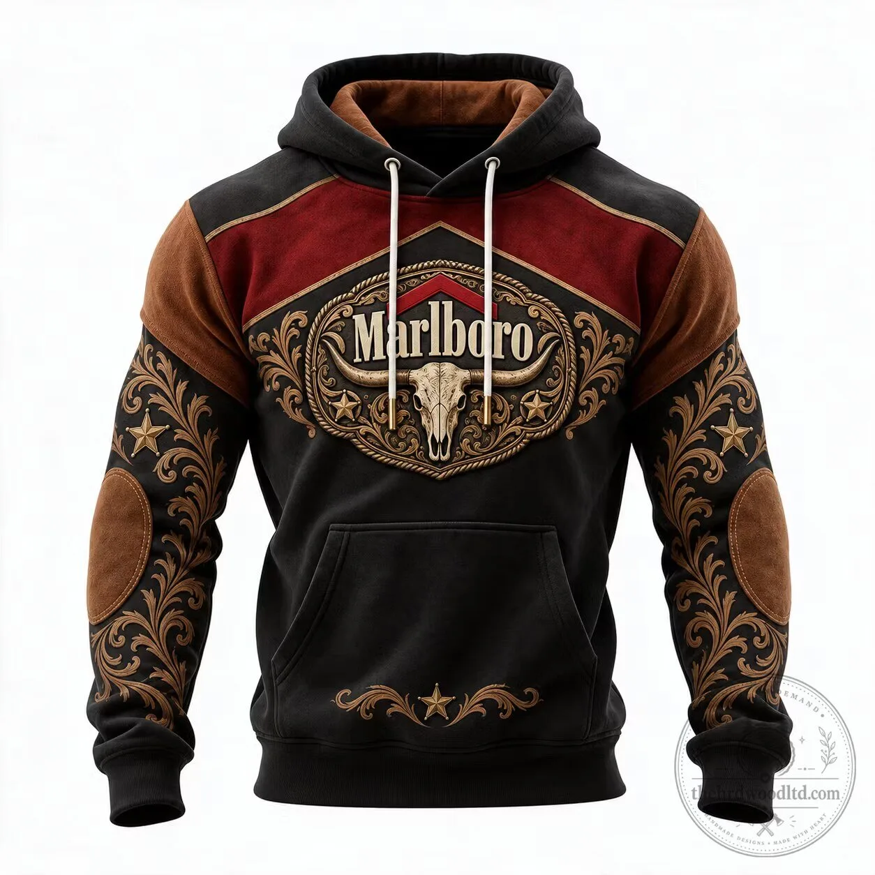 Marlboro Western Cowboy Bull Skull Brown Black Hoodie