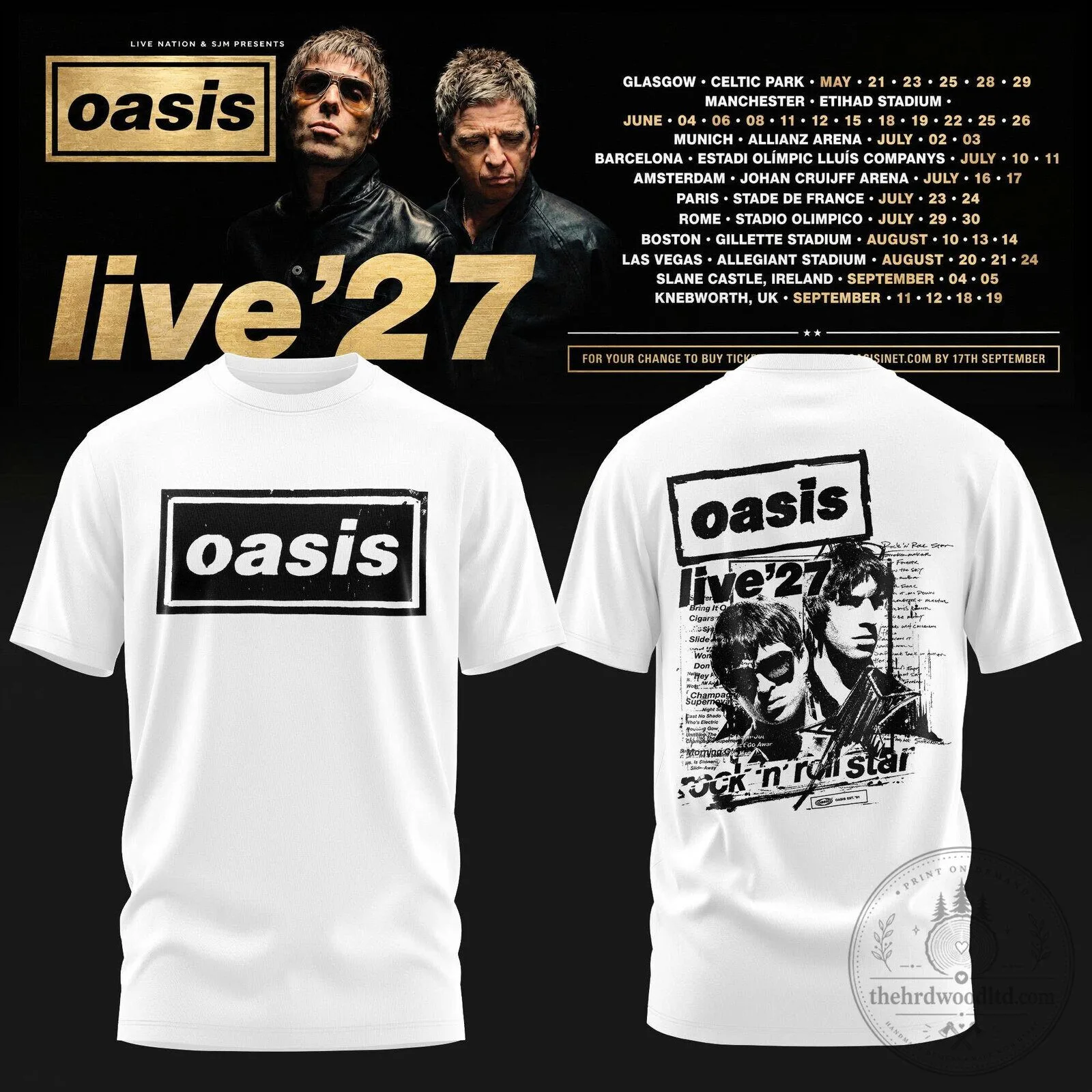 Oasis Live '27 Tour Concert Music Band Logo White Short Sleeve T-Shirt