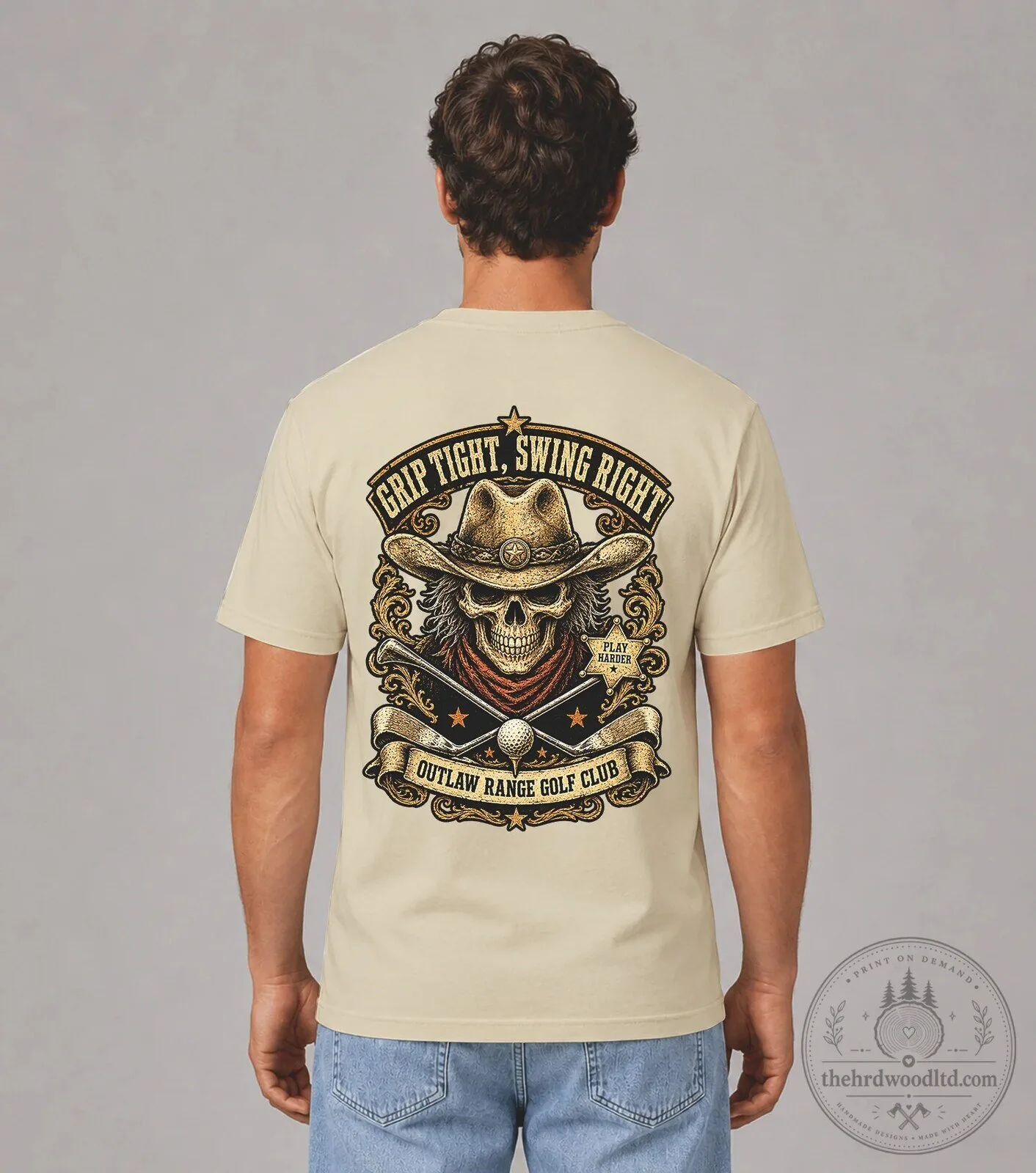 Cowboy Skull Golf Club T-Shirt Grip Tight Swing Right Outlaw Range 11 Cowboy Skull Golf Club T-Shirt Grip Tight Swing Right Outlaw Range