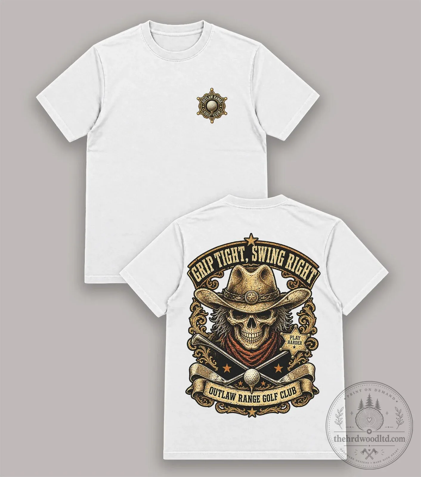 Cowboy Skull Golf Club T-Shirt Grip Tight Swing Right Outlaw Range 12 Cowboy Skull Golf Club T-Shirt Grip Tight Swing Right Outlaw Range