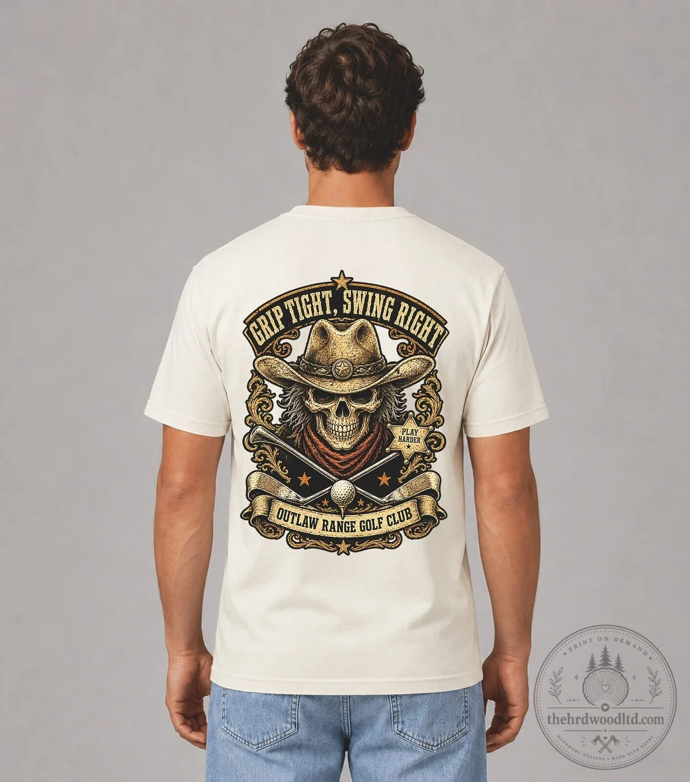 Cowboy Skull Golf Club T-Shirt Grip Tight Swing Right Outlaw Range 14 Cowboy Skull Golf Club T-Shirt Grip Tight Swing Right Outlaw Range