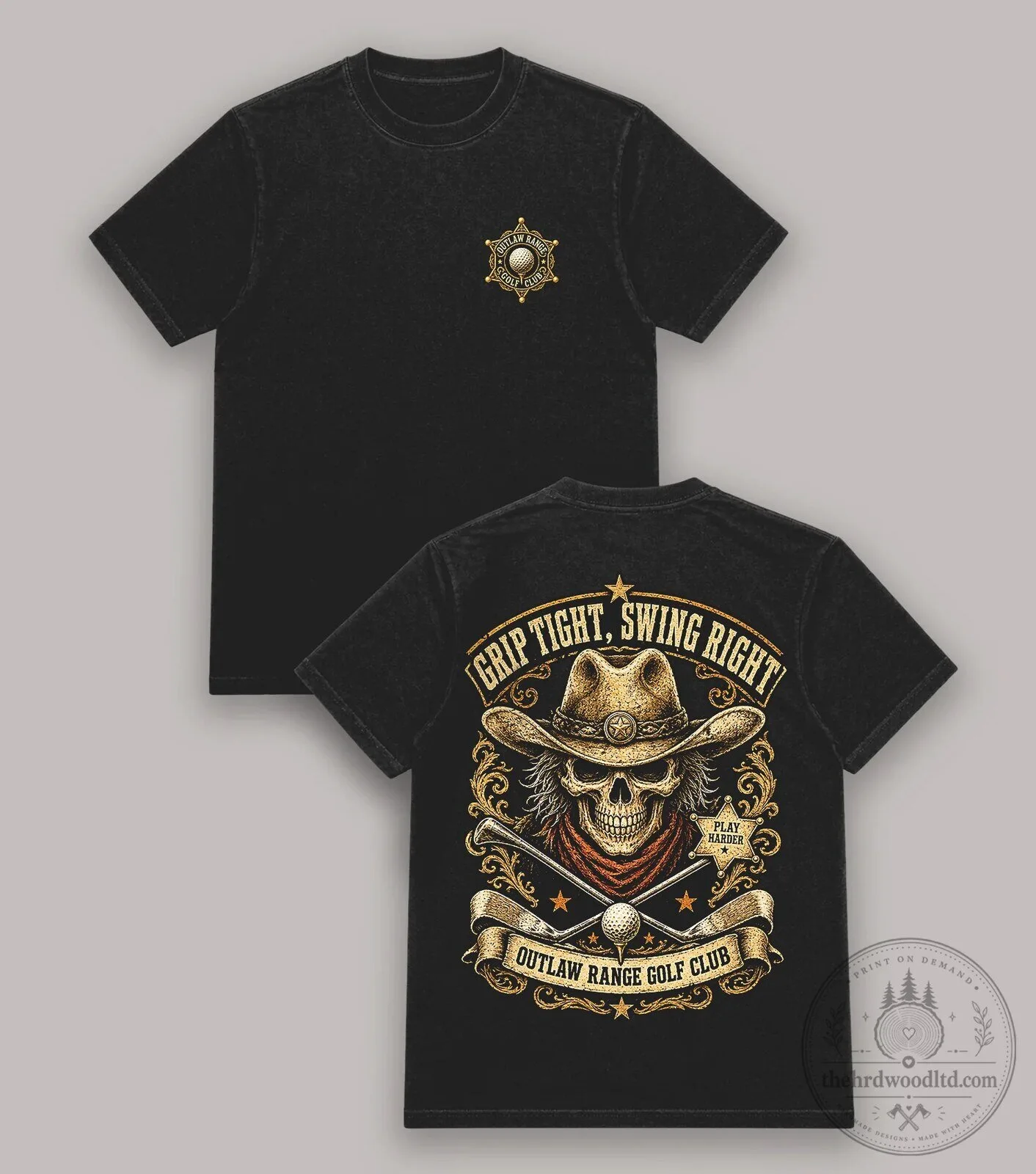 Cowboy Skull Golf Club T-Shirt Grip Tight Swing Right Outlaw Range 15 Cowboy Skull Golf Club T-Shirt Grip Tight Swing Right Outlaw Range