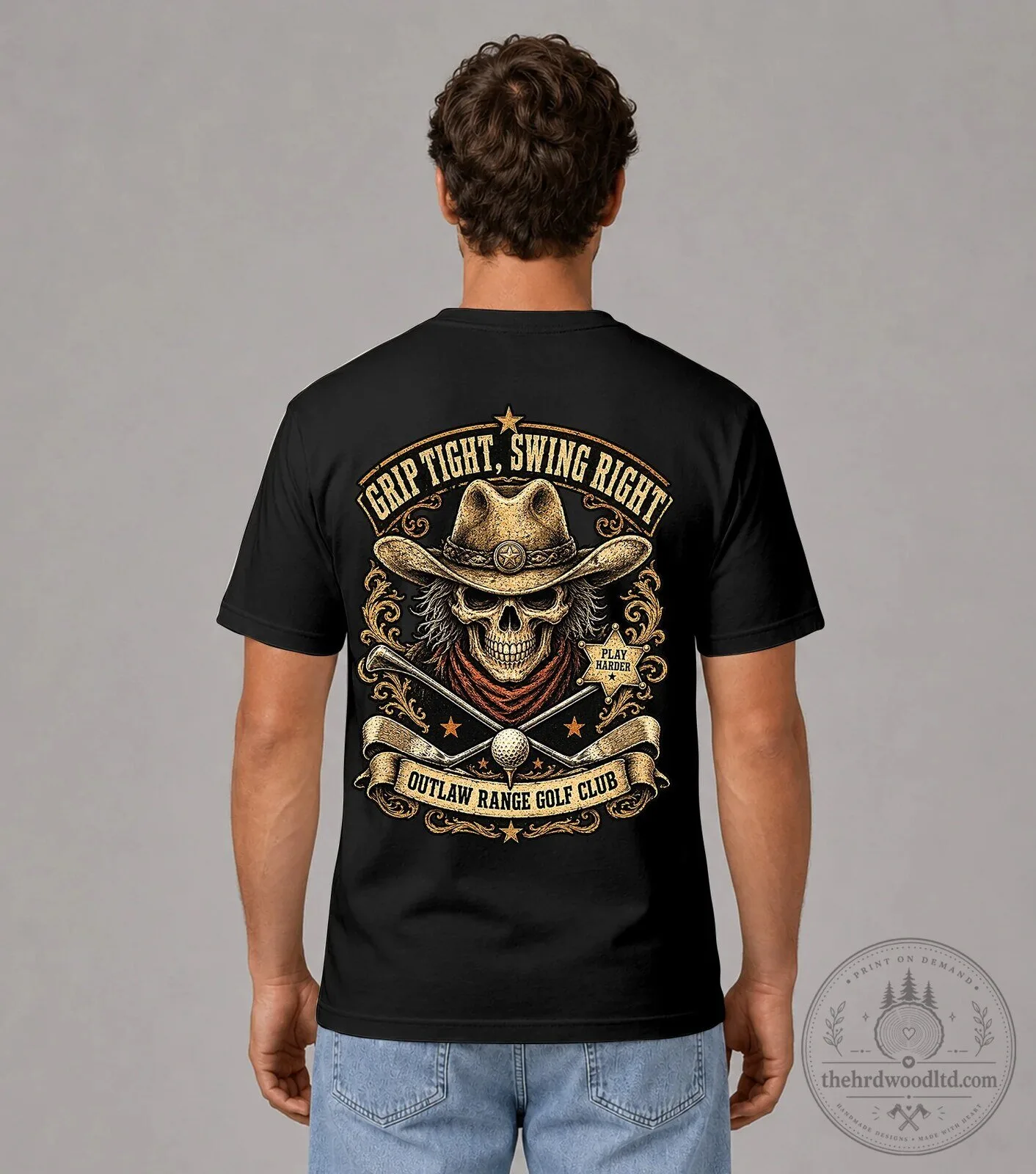 Cowboy Skull Golf Club T-Shirt Grip Tight Swing Right Outlaw Range 17 Cowboy Skull Golf Club T-Shirt Grip Tight Swing Right Outlaw Range