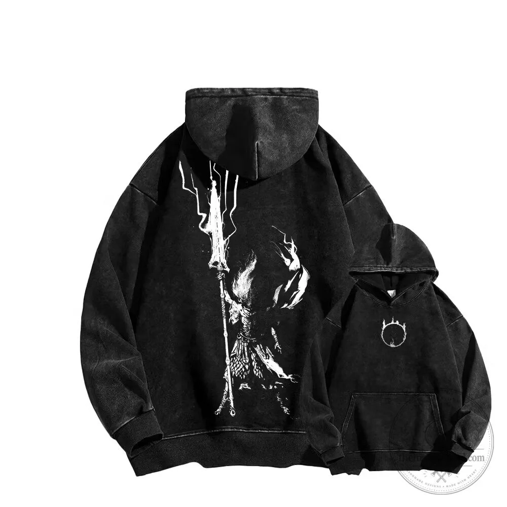 Dark Souls Washed Black Graphic Hoodie with Gwyn Lord of Cinder Design