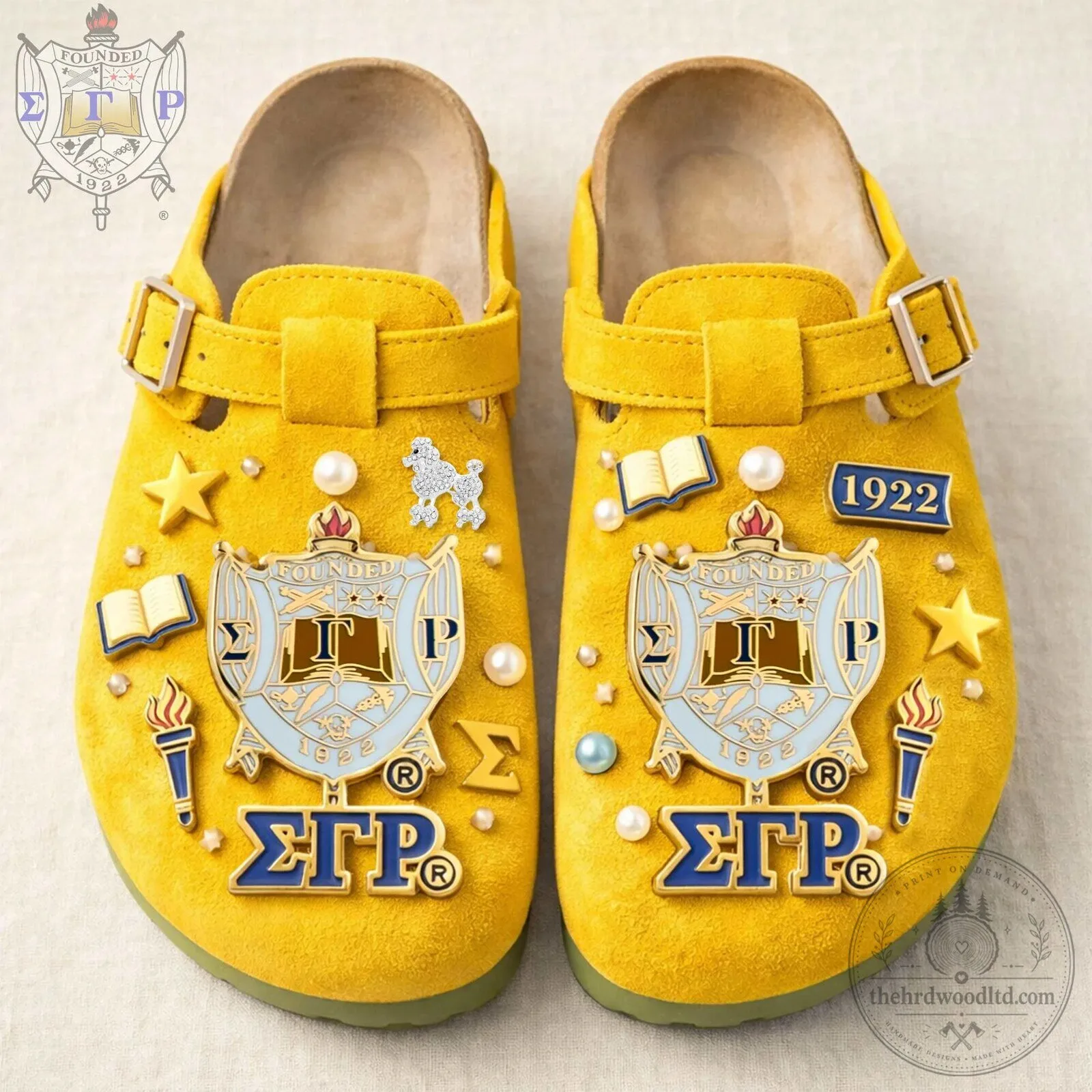 Sigma Gamma Rho Sorority Yellow Suede Boston Clog Shoes with Embellishments