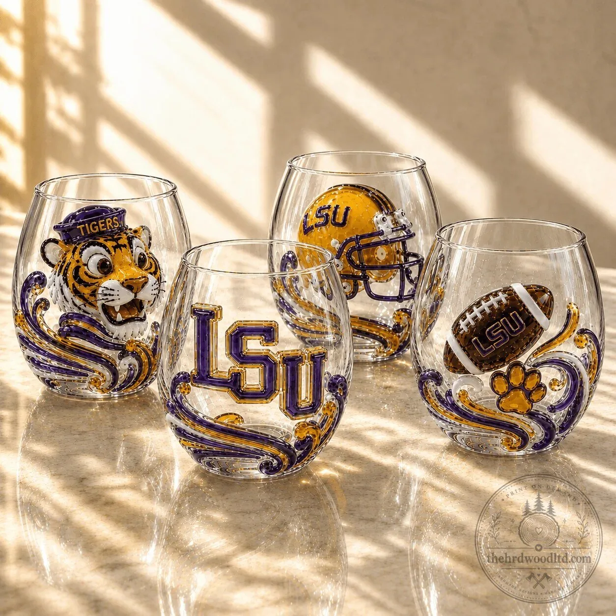 Stemless Wine Glass Set featuring Louisiana State University Tigers Football Design
