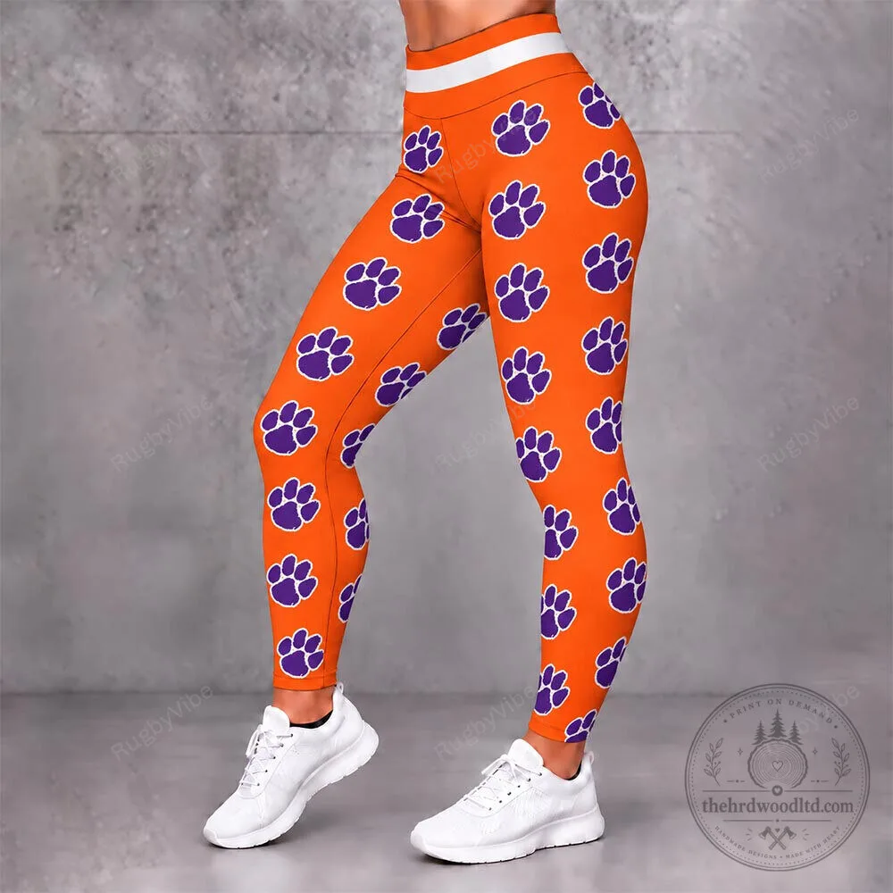 Clemson Tigers Paw Print Orange and Purple Patterned Leggings