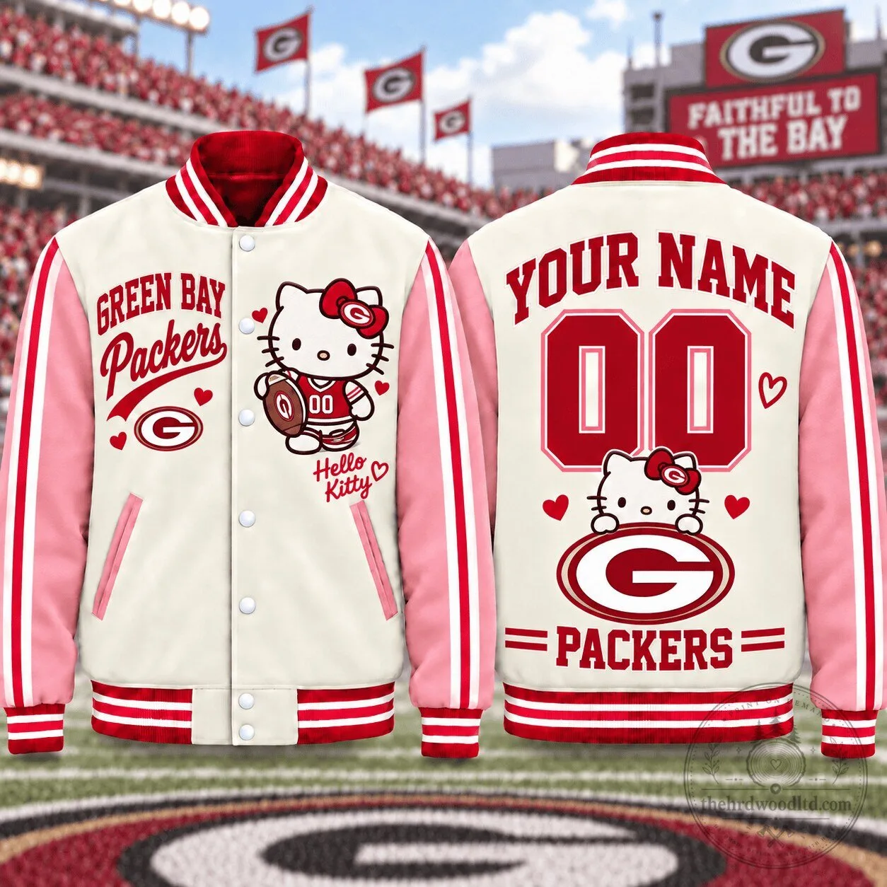 Hello Kitty Green Bay Packers Personalized Varsity Jacket