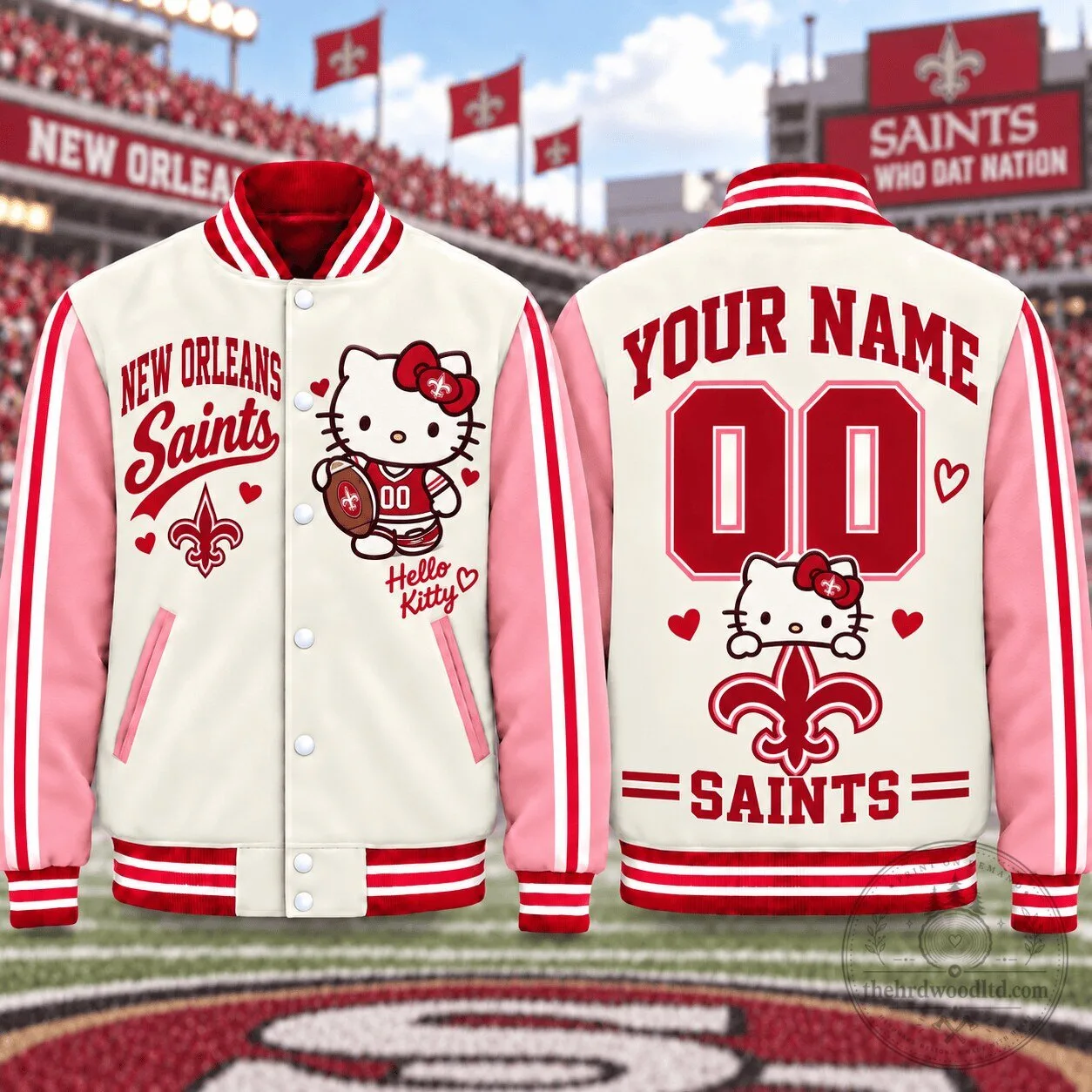 New Orleans Saints Hello Kitty Personalized Varsity Jacket