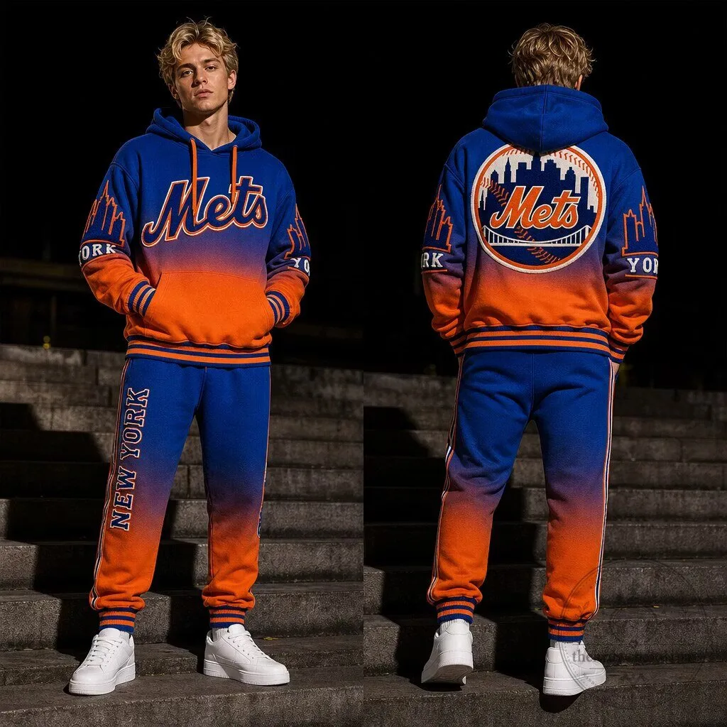New York Mets Blue Orange Gradient Hoodie Sweatpants Set