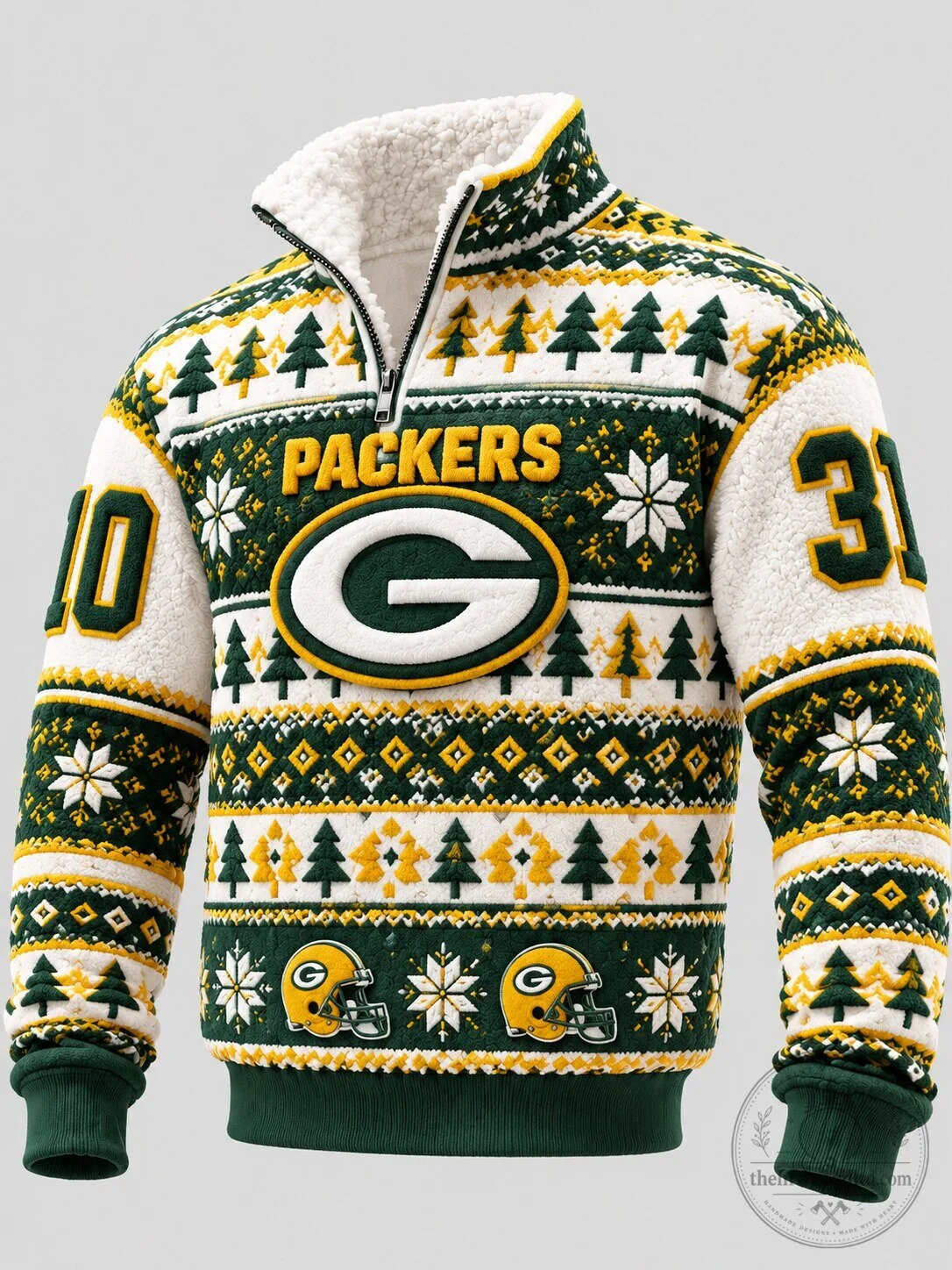 Green Bay Packers Ugly Christmas Holiday Quarter Zip Sherpa Lined Sweater