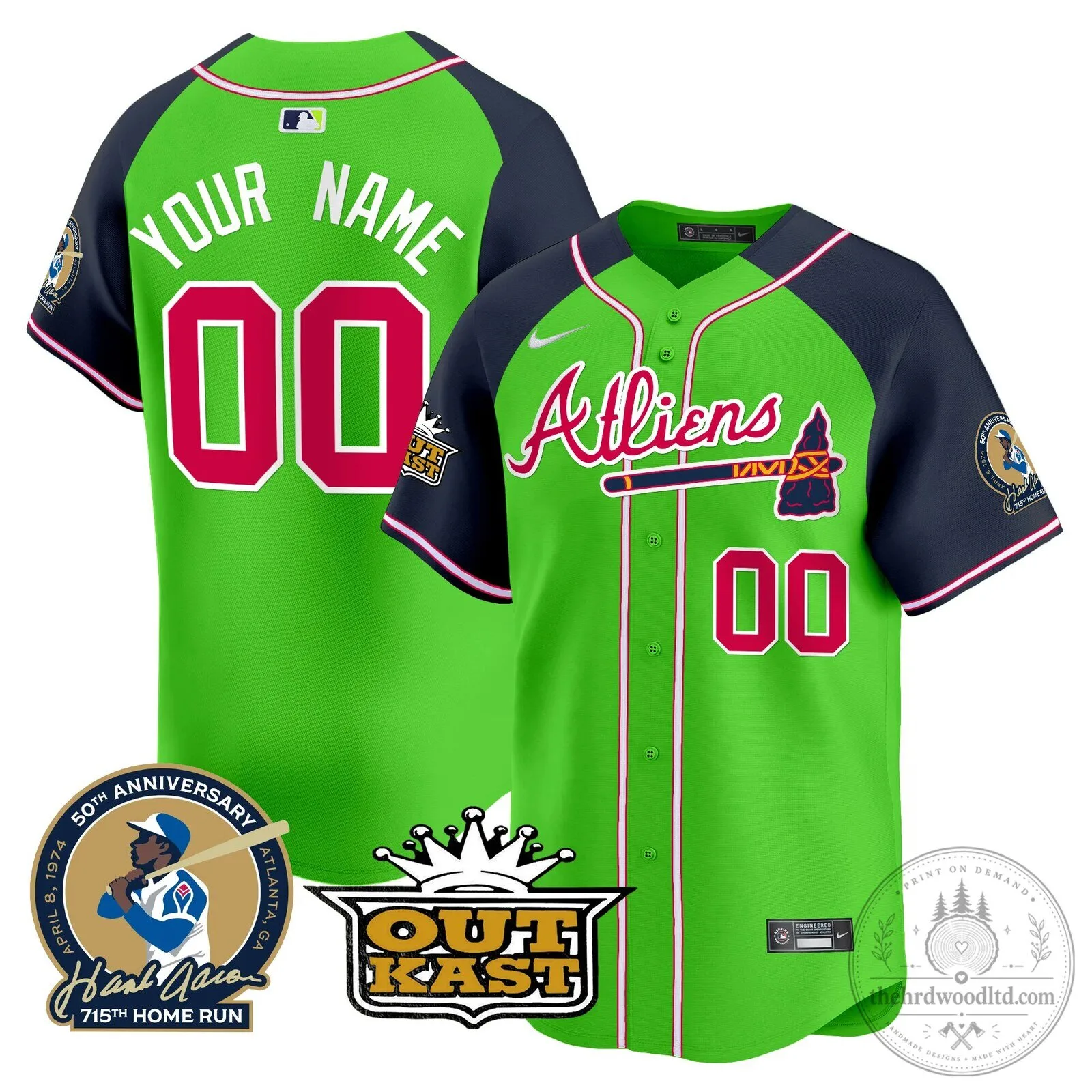 Atlanta Braves Outkast Atliens Baseball Jersey with Hank Aaron Patch 8 Atlanta Braves Outkast Atliens Baseball Jersey with Hank Aaron Patch