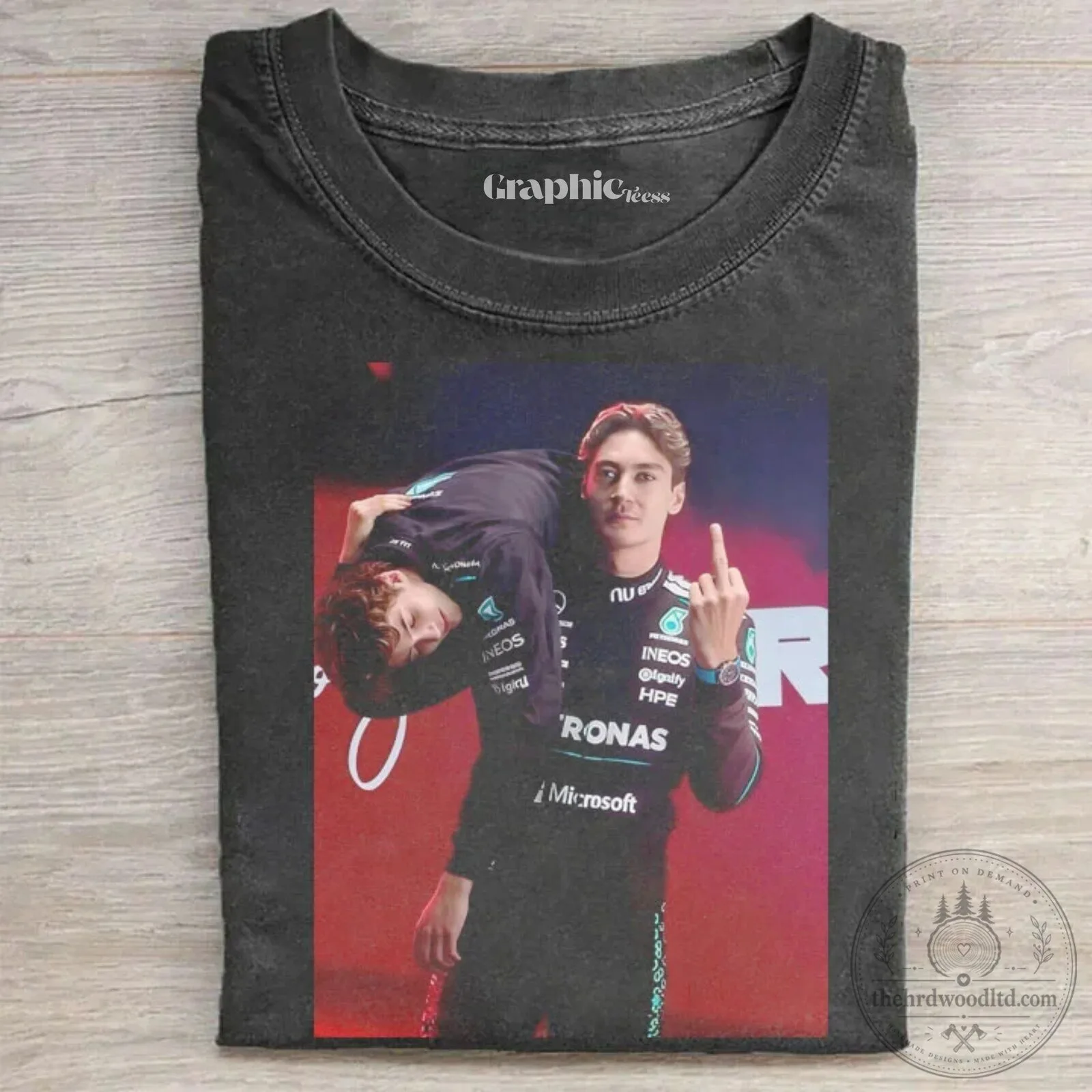 George Russell Mercedes F1 Shoulder Carry Provocation T-Shirt 1 George Russell Mercedes F1 Shoulder Carry Provocation T-Shirt