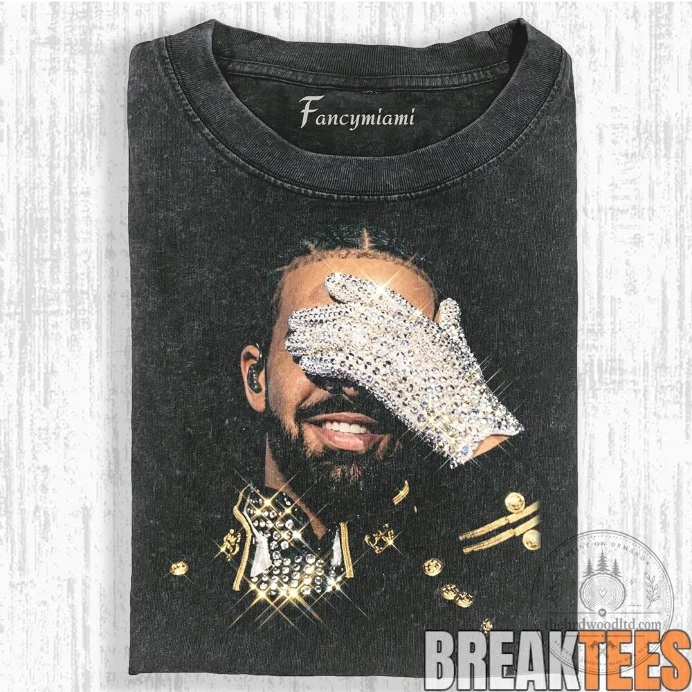 Drake Rhinestone Glove Covering Eye Black Washed T-Shirt