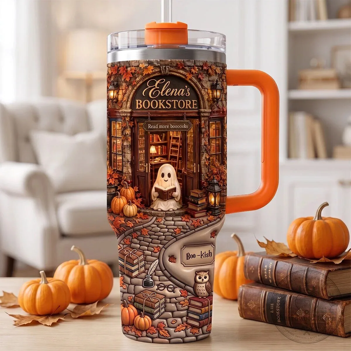 Autumn Boo Bookaholic Personalized Book Lover Ghost 40oz Tumbler with Handle