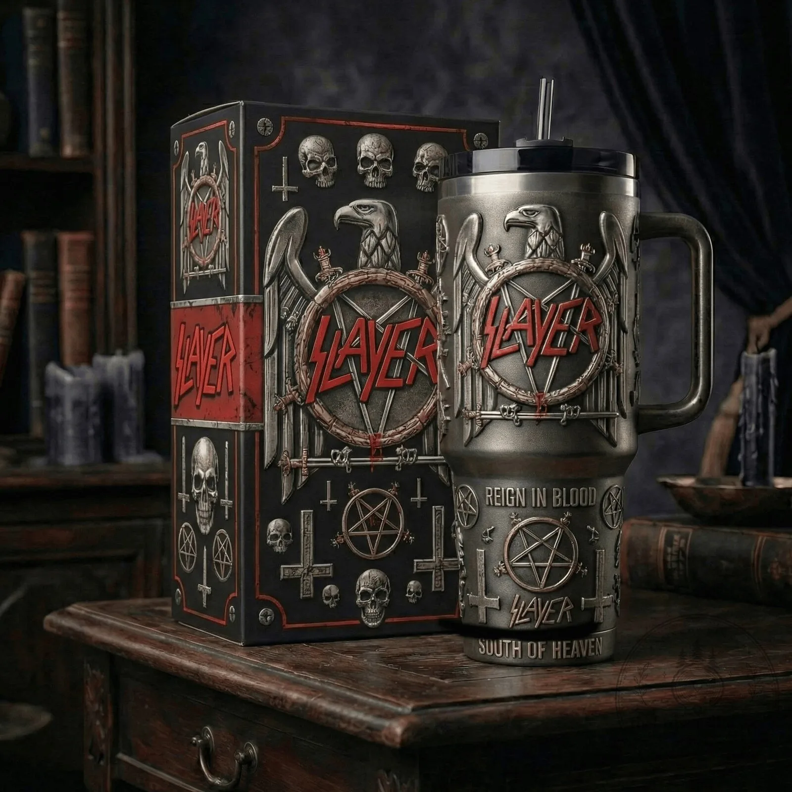 Slayer Reign in Blood Heavy Metal Band Tumbler with Handle