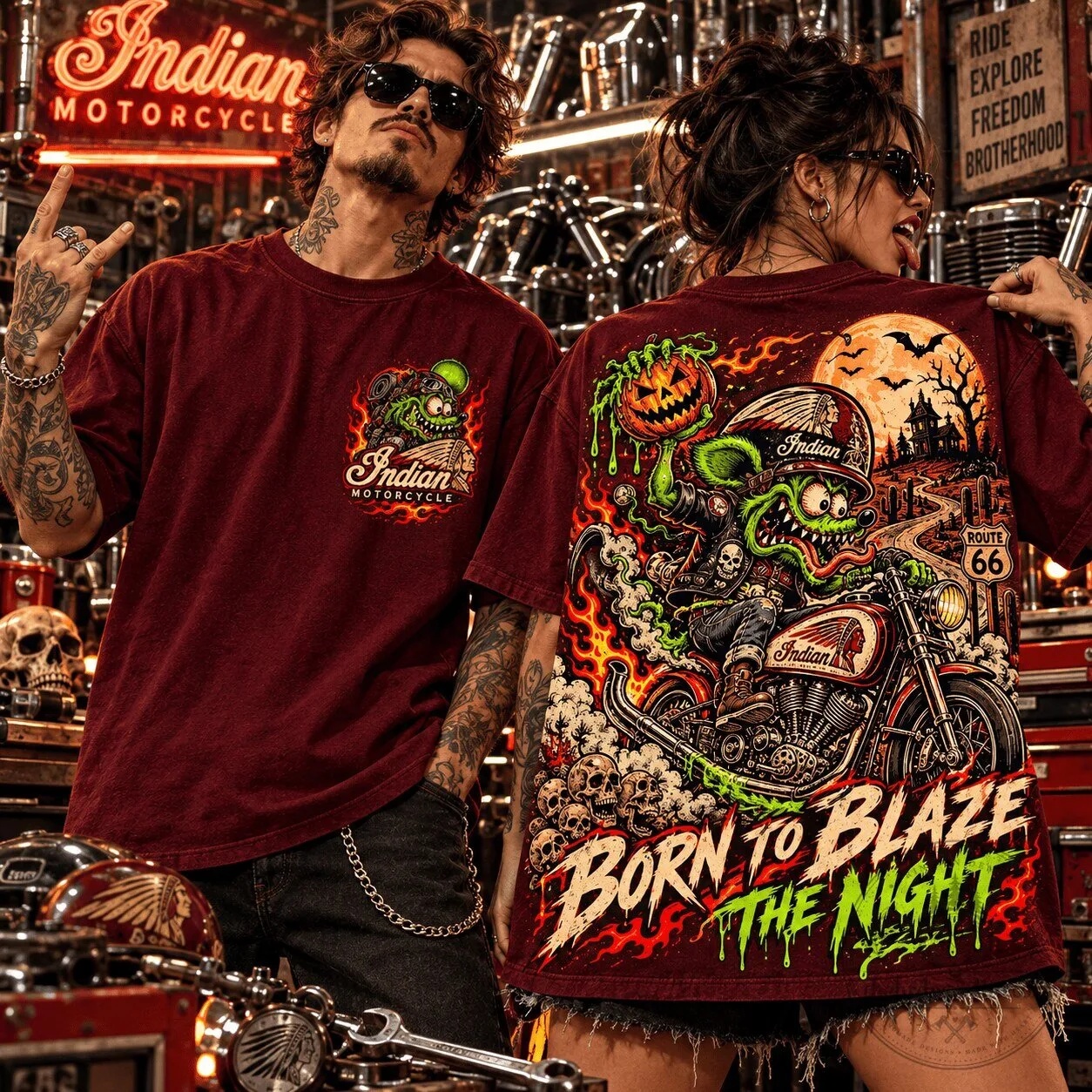 Rat Fink Indian Motorcycle Halloween Route 66 Born To Blaze The Night T-Shirt 1 Rat Fink Indian Motorcycle Halloween Route 66 Born To Blaze The Night T-Shirt