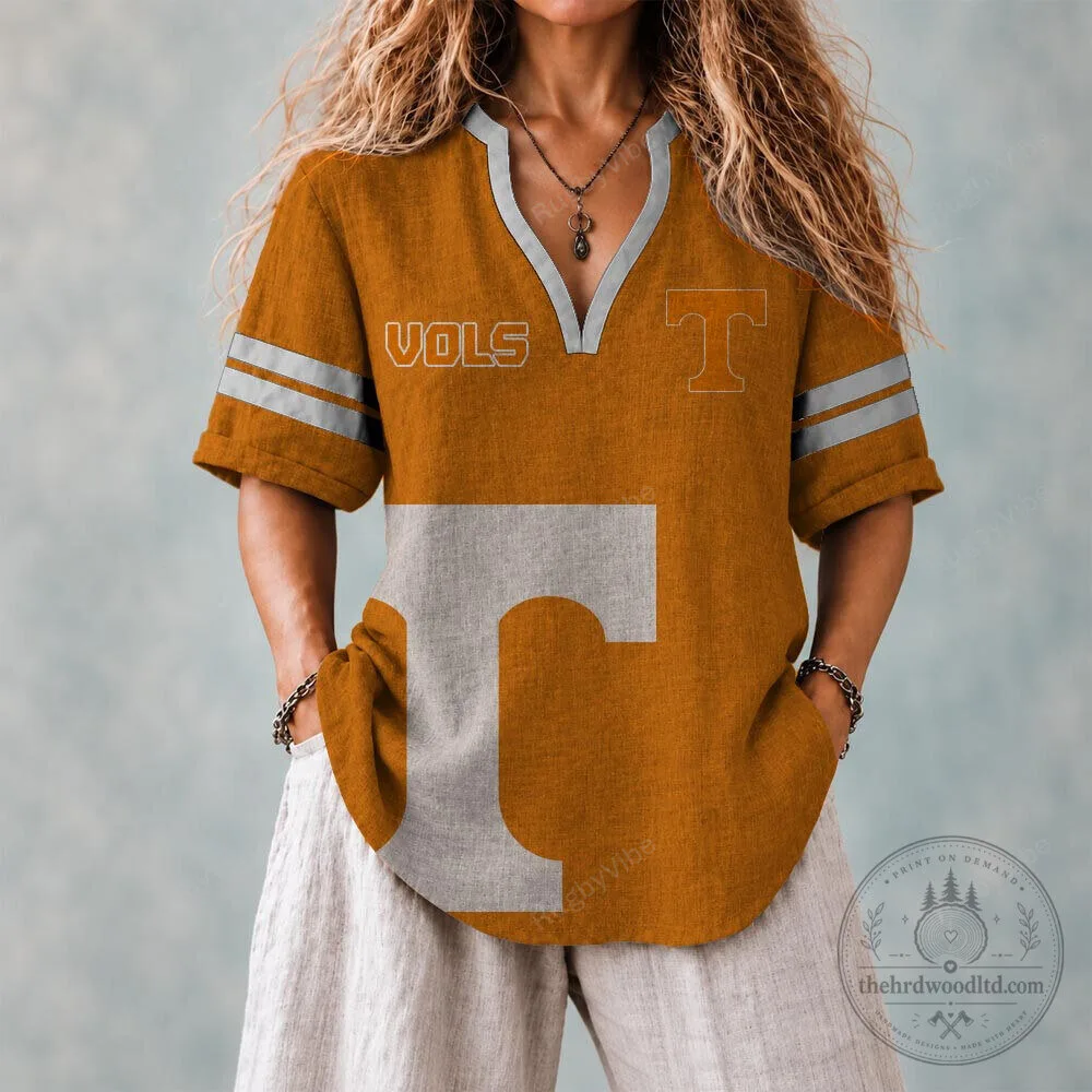 Tennessee Volunteers Football Team Orange and White Striped V-Neck T-Shirt