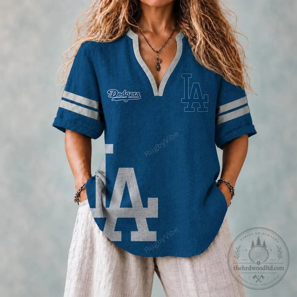 Los Angeles Dodgers Baseball Team Blue V-Neck Short Sleeve T-Shirt for Women