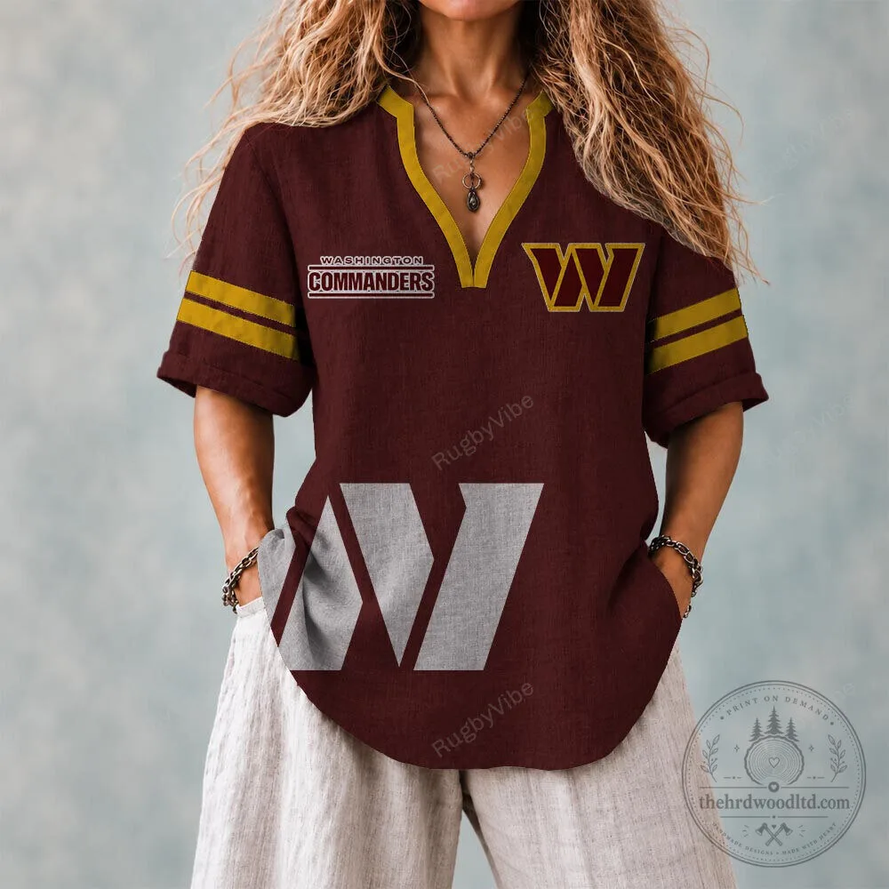 Washington Commanders Football Team Logo Maroon and Gold Striped V-Neck Polo Shirt