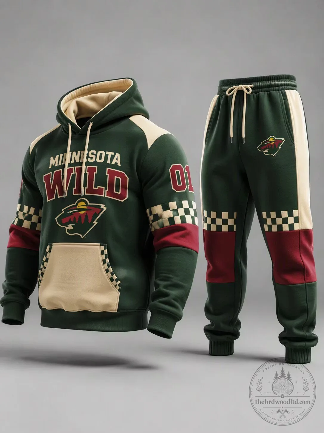 Minnesota Wild Hockey Team Green and Red Checkerboard Hoodie and Jogger Set