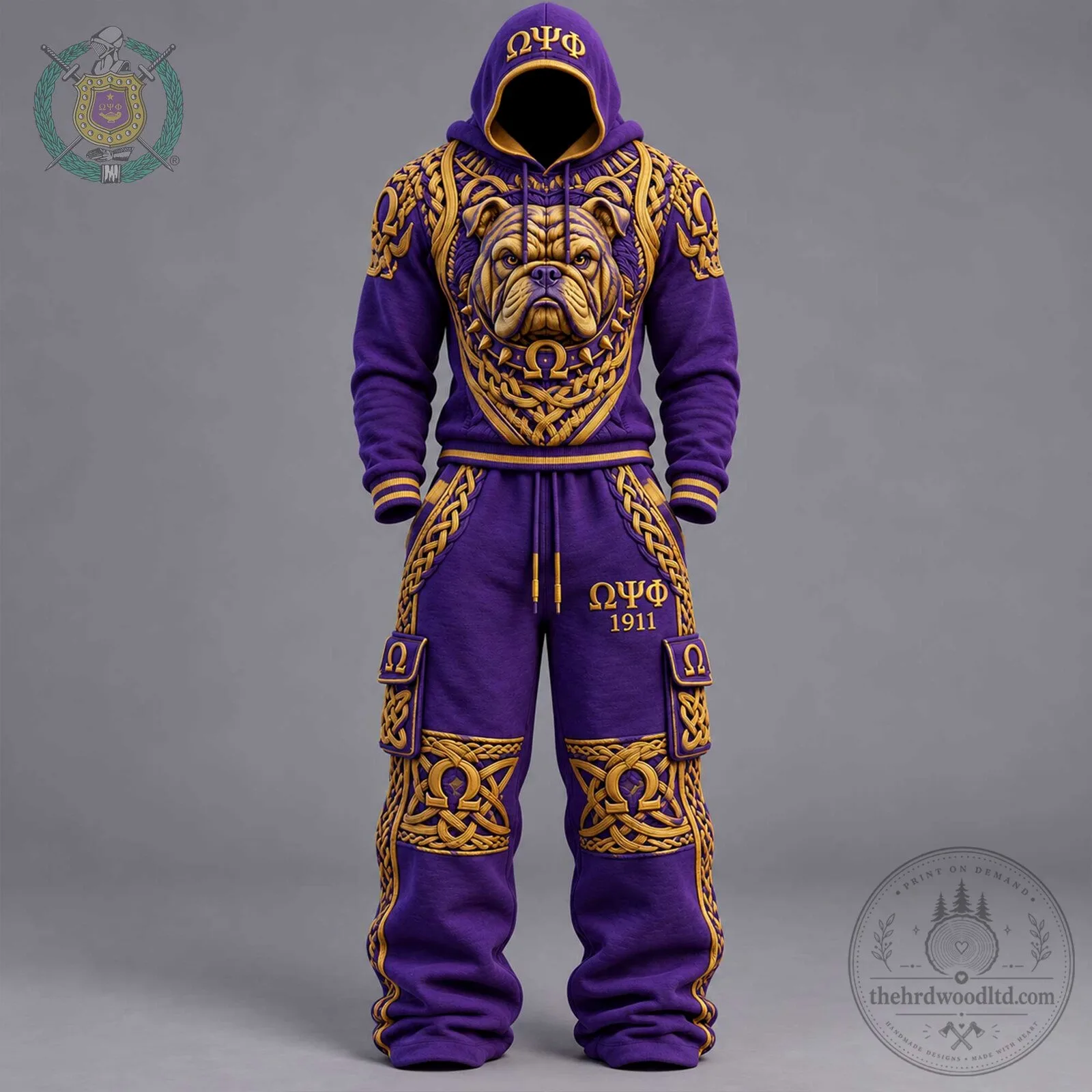 Omega Psi Phi Fraternity Bulldog Mascot Purple and Gold Hoodie and Cargo Pants Set 1 Omega Psi Phi Fraternity Bulldog Mascot Purple and Gold Hoodie and Cargo Pants Set