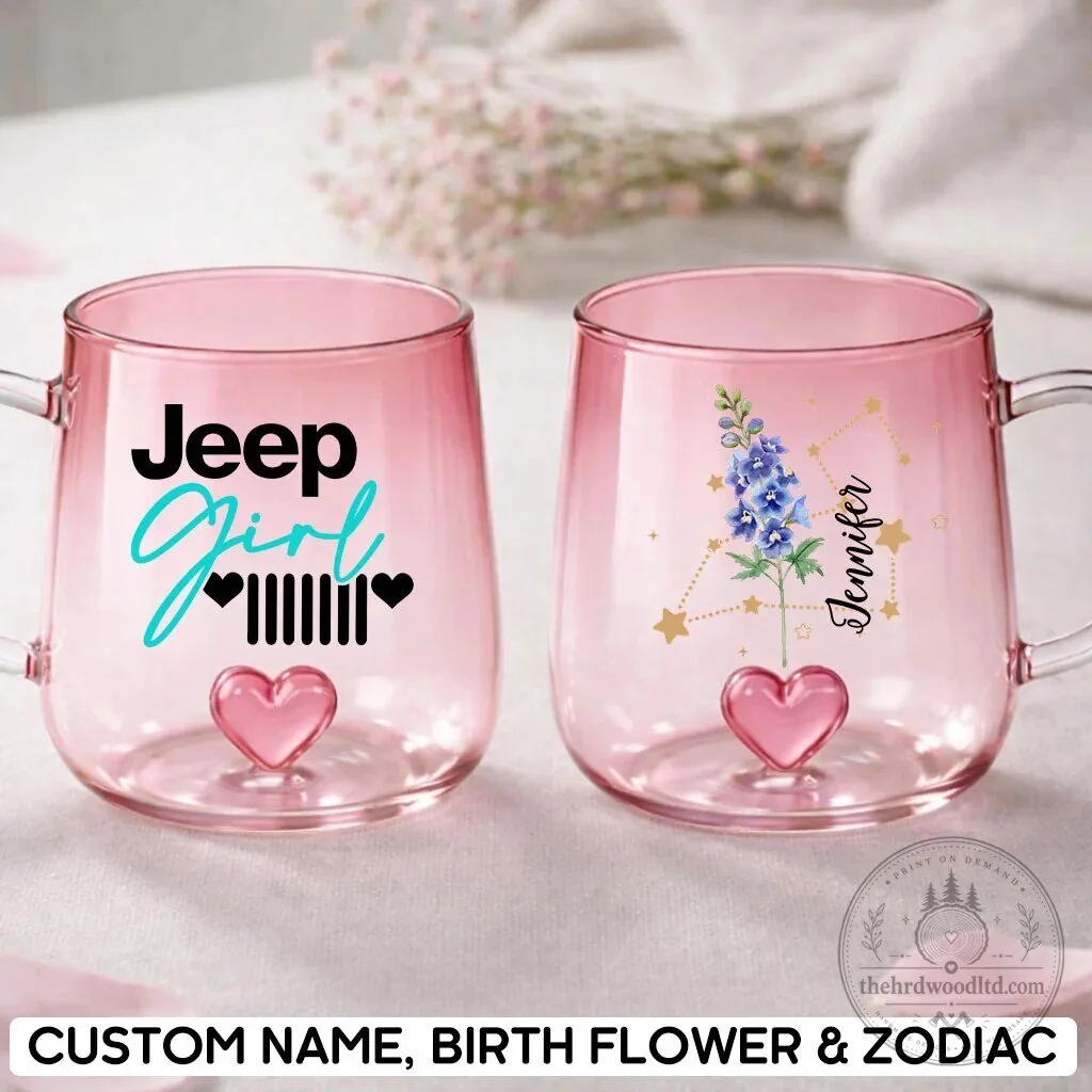 Jeep Girl Grille Heart Gradient Glass Mug with Birth Flower and Zodiac Design
