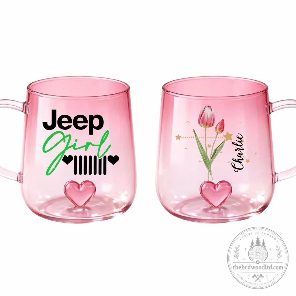 Jeep Girl Grille Heart Gradient Glass Mug with Birth Flower and Zodiac Design 15 Jeep Girl Grille Heart Gradient Glass Mug with Birth Flower and Zodiac Design