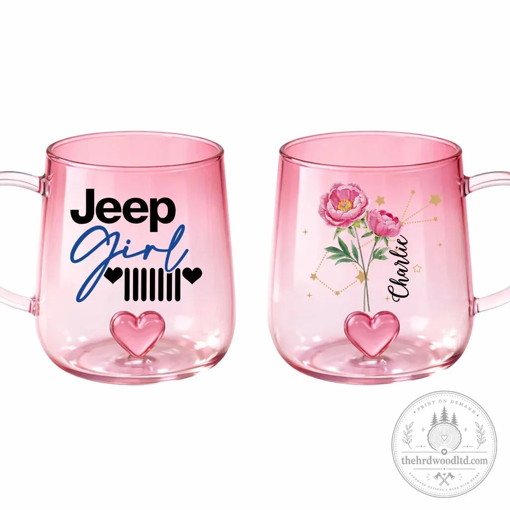 Jeep Girl Grille Heart Gradient Glass Mug with Birth Flower and Zodiac Design 21 Jeep Girl Grille Heart Gradient Glass Mug with Birth Flower and Zodiac Design