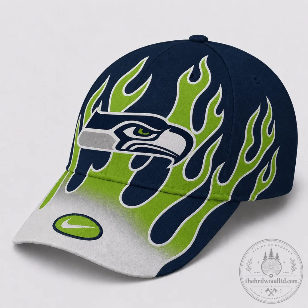 Seattle Seahawks Flame Spirit Logo Navy Blue and Green Adjustable Cap Hat Seattle Seahawks Flame Spirit Logo Navy Blue and Green Adjustable Cap Hat