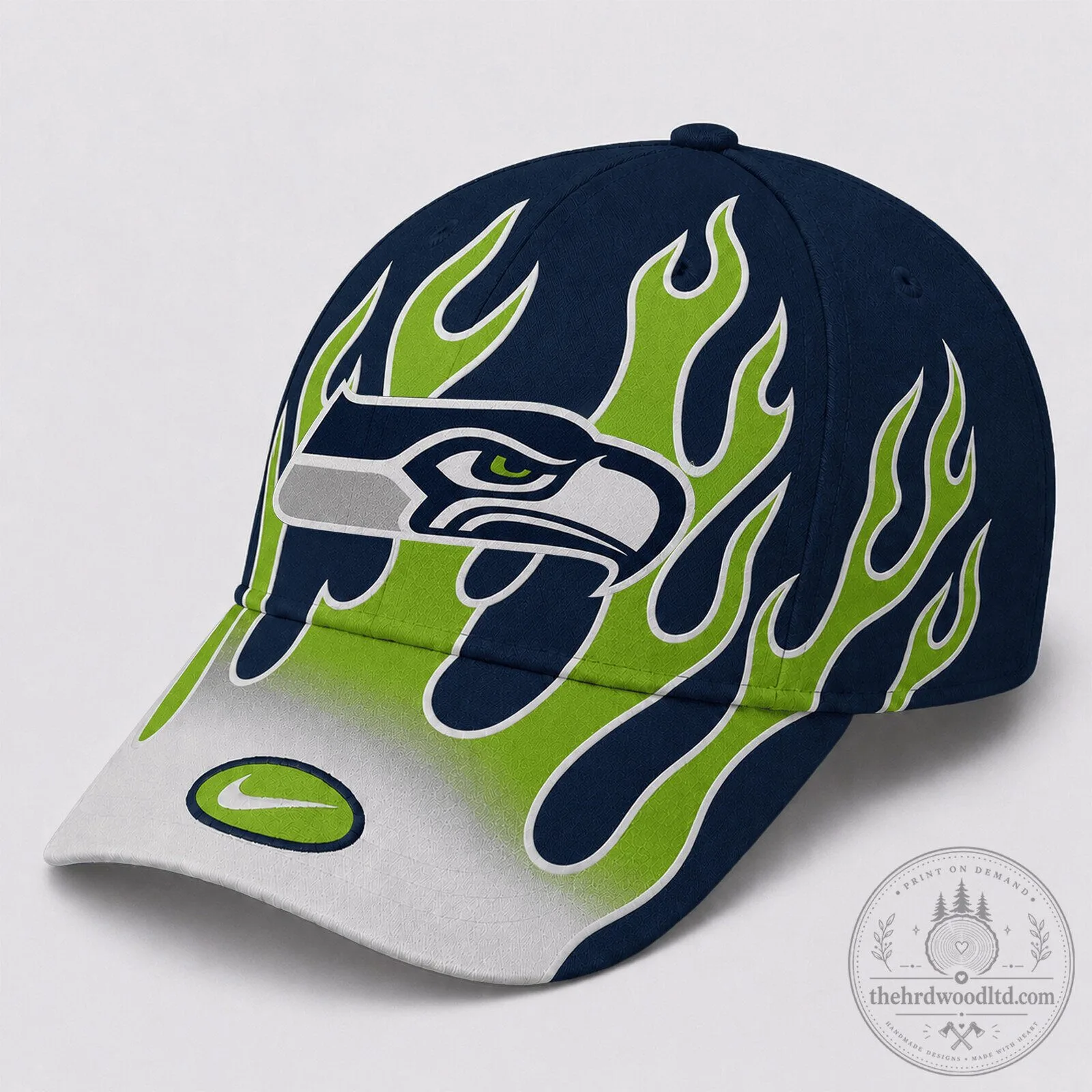 Seattle Seahawks Flame Spirit Logo Navy Blue and Green Adjustable Cap Hat 1 Seattle Seahawks Flame Spirit Logo Navy Blue and Green Adjustable Cap Hat