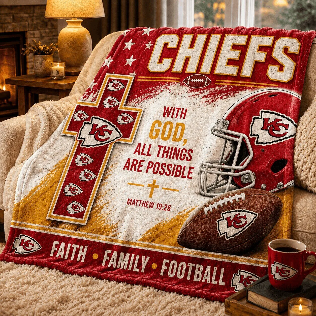 Kansas City Chiefs Football Team Faith Family Football Blanket