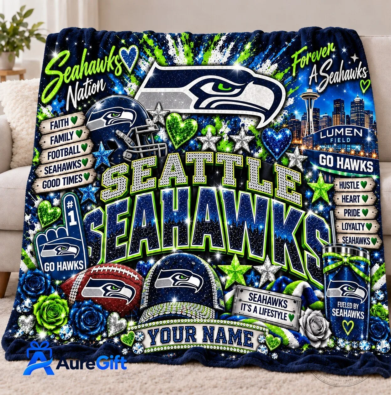 Personalized Seattle Seahawks Football Team Fan Art Fleece Blanket