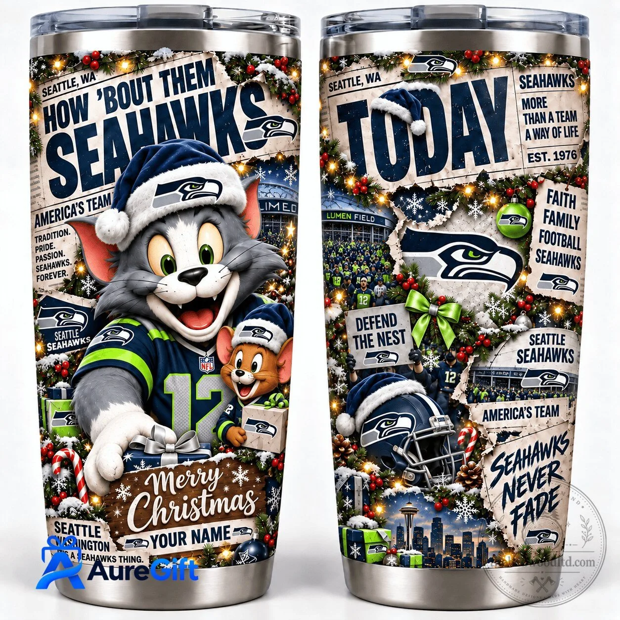 Seattle Seahawks Tom and Jerry Christmas Personalized Stainless Steel Tumbler
