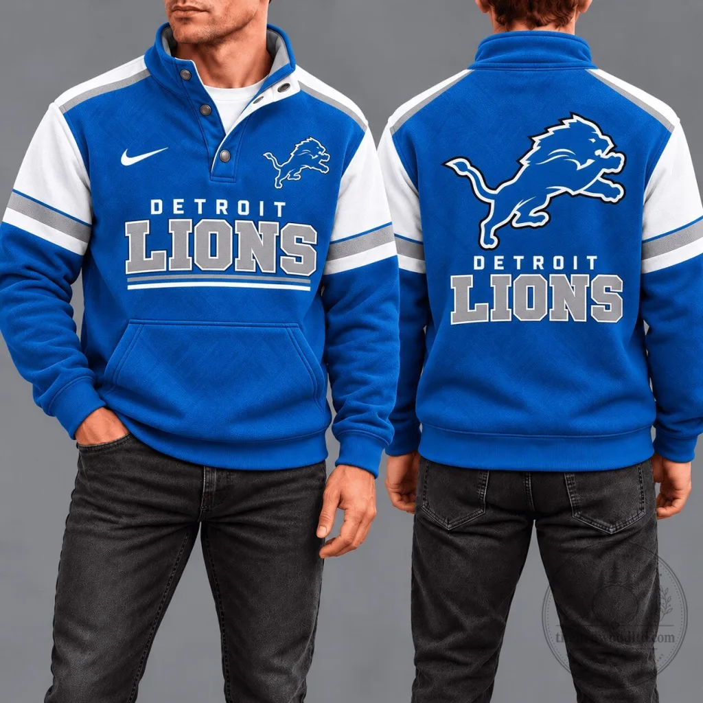 Detroit Lions NFL Team Logo Blue and White Snap-Neck Pullover Sweatshirt Detroit Lions NFL Team Logo Blue and White Snap-Neck Pullover Sweatshirt